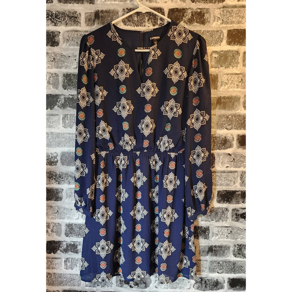 Express Women's Royal Navy Blue Patterned Printed Dress Size Medium - Picture 1 of 11